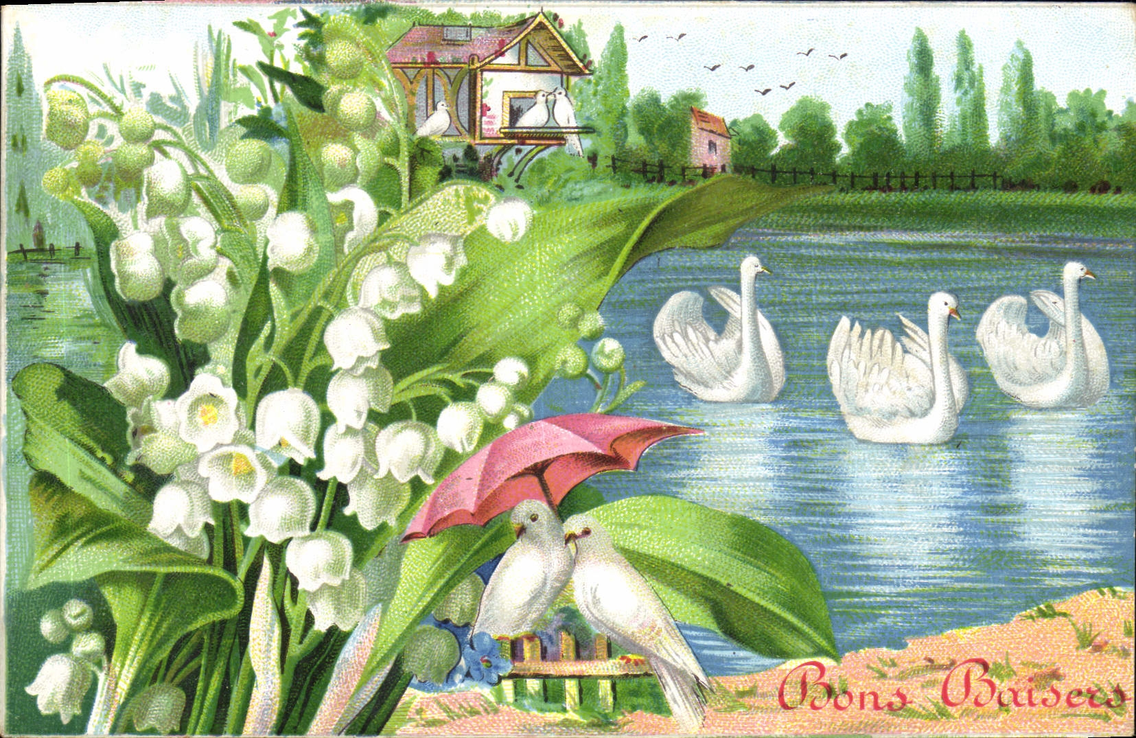 CPA Fantaisie Fleurs Muguet Sygnes Colombes