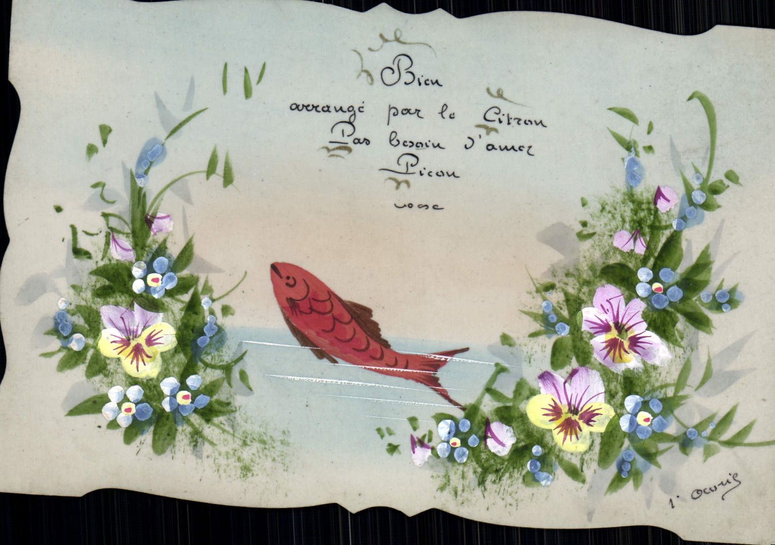 CPA Fantaisie Poisson Fleurs (carte transparente dessin a la main)