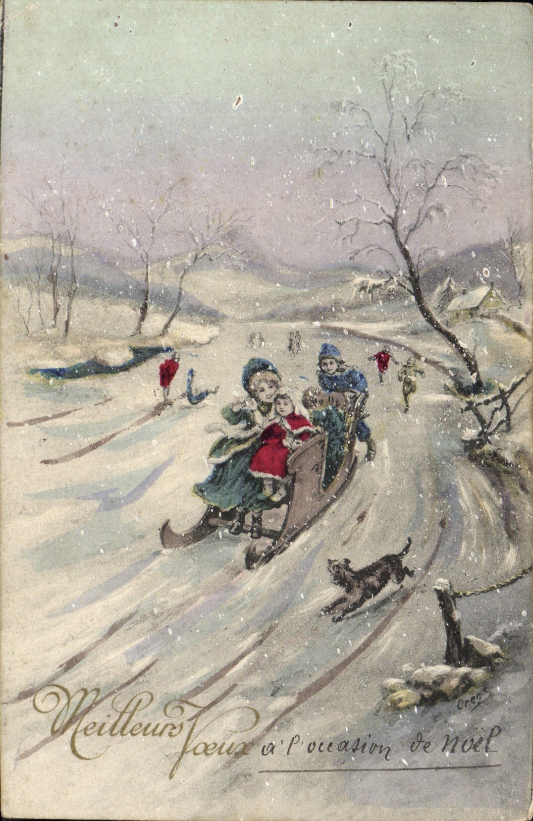 VINTAGE POSTCARD Fantasy Children Toboggan Dog
