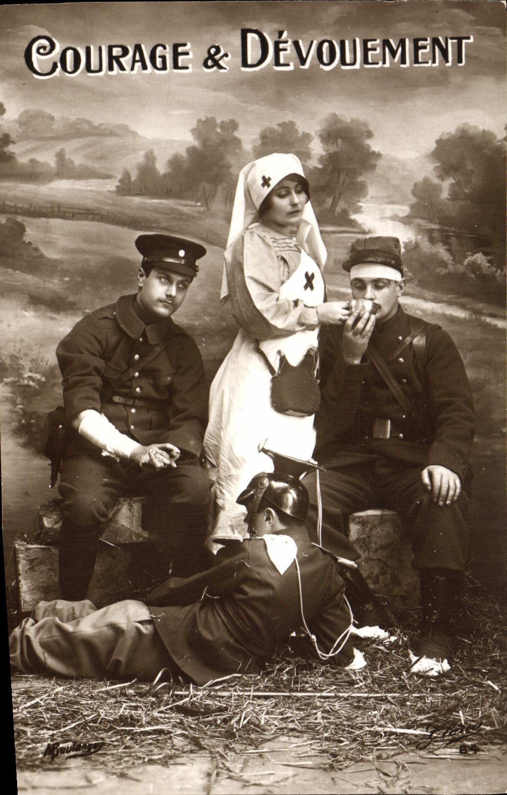 VINTAGE POSTCARD Fantasy Soldier Militaria Courage Devotion Nurse Red Cross