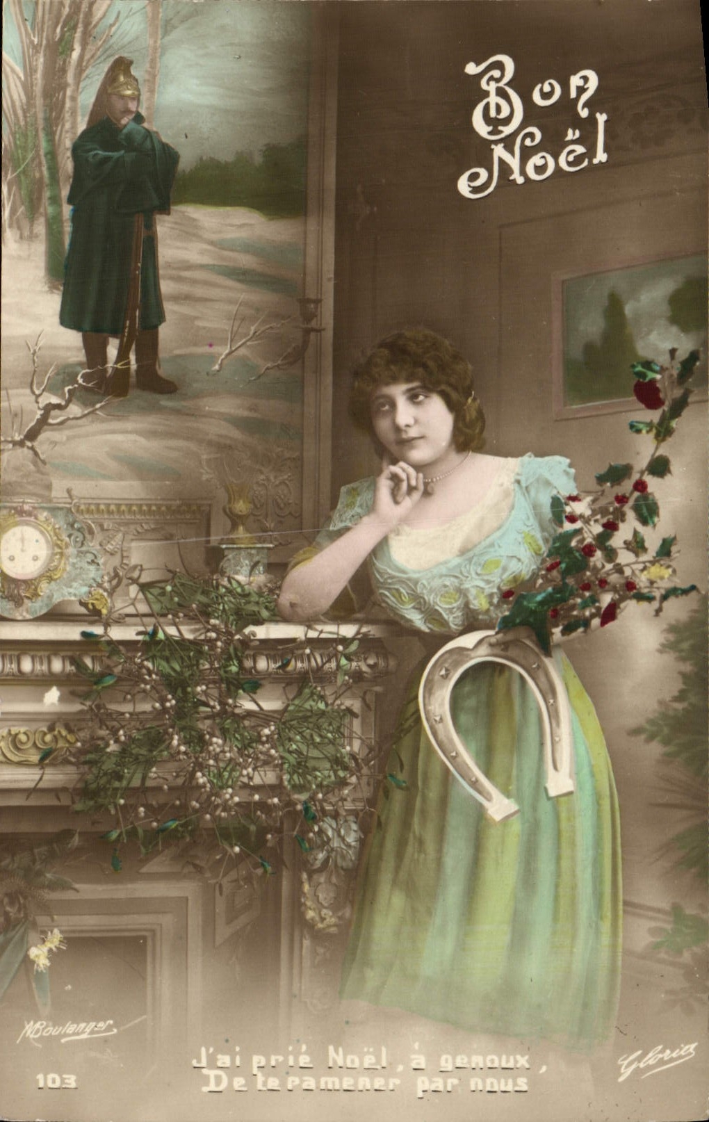 VINTAGE POSTCARD Fantaisie Woman Merry Christmas Soldat Militaria Horseshoe