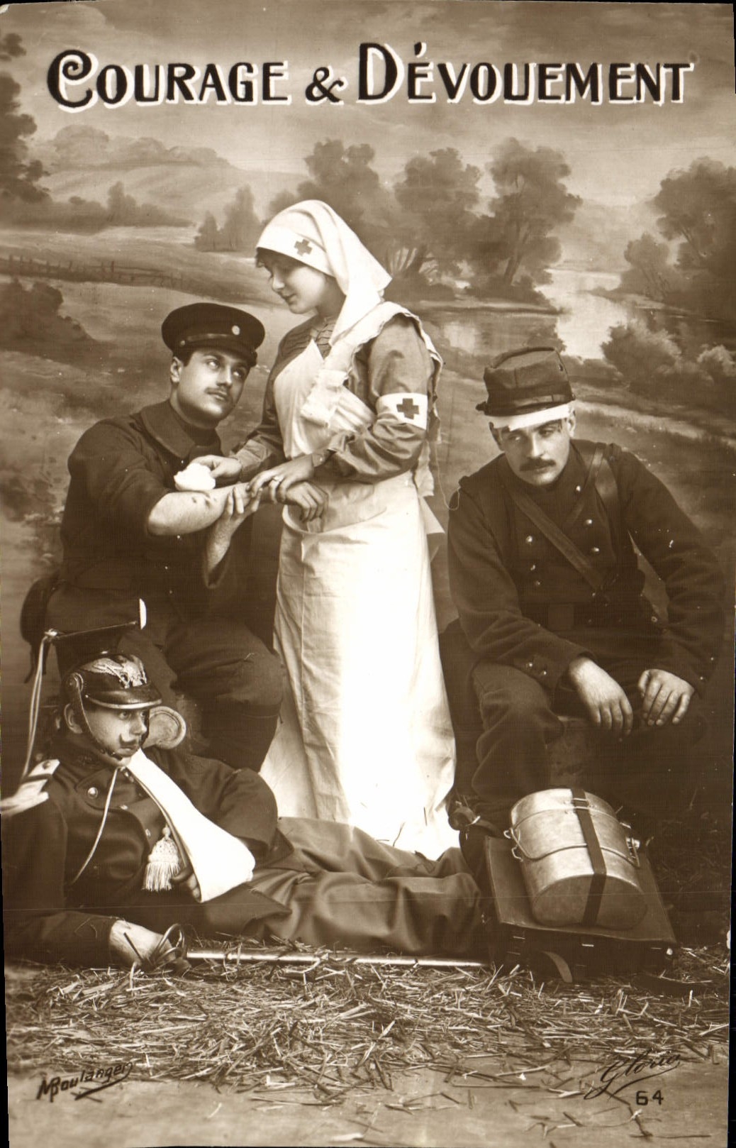 VINTAGE POSTCARD Fantasy Nurse Woman Red Cross Soldier Militaria Militaria Courage Devotion