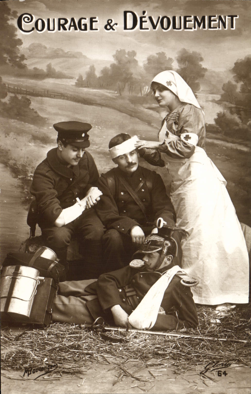 VINTAGE POSTCARD Fantasy Nurse Woman Red Cross Soldier Militaria Courage Devotion