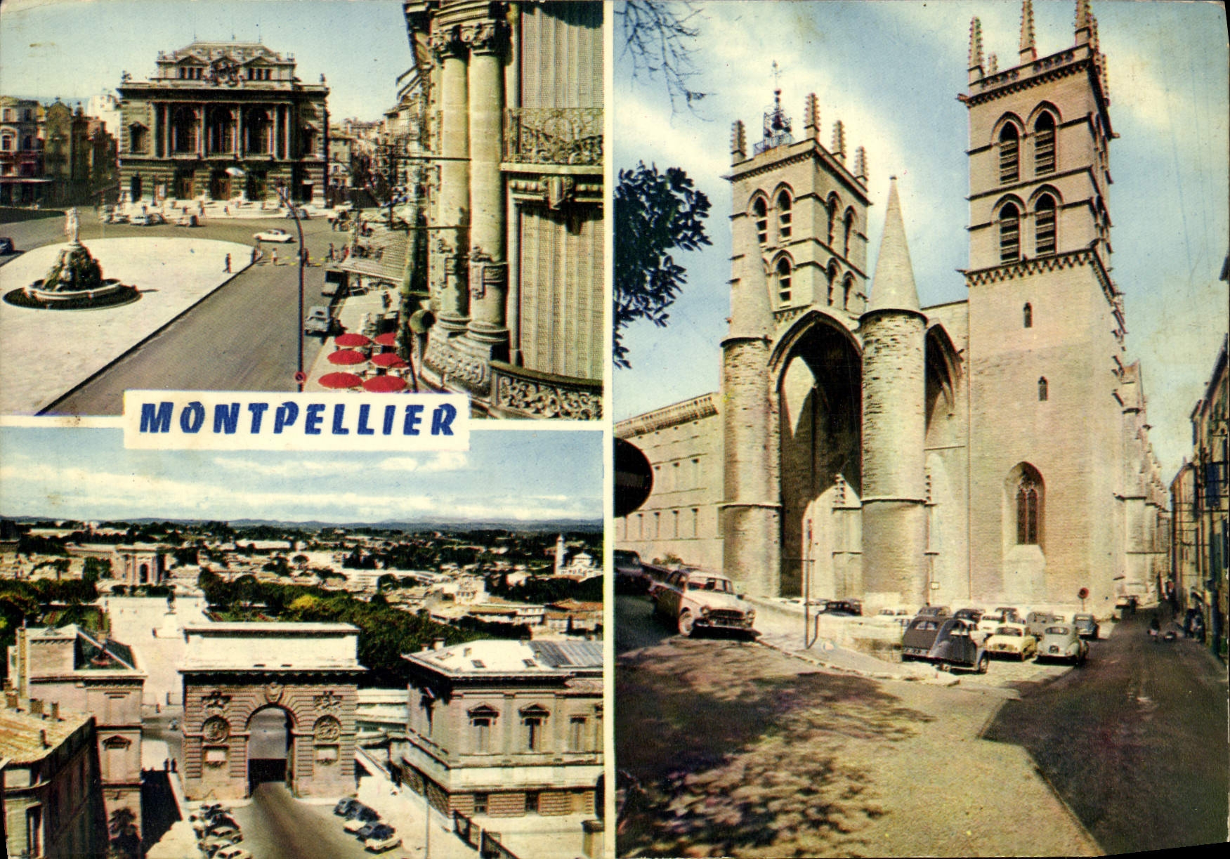 CPM Montpellier Place de la Comedie et theatre Arc de Triomphe et chateau d'eau Cathedrale St Pierre