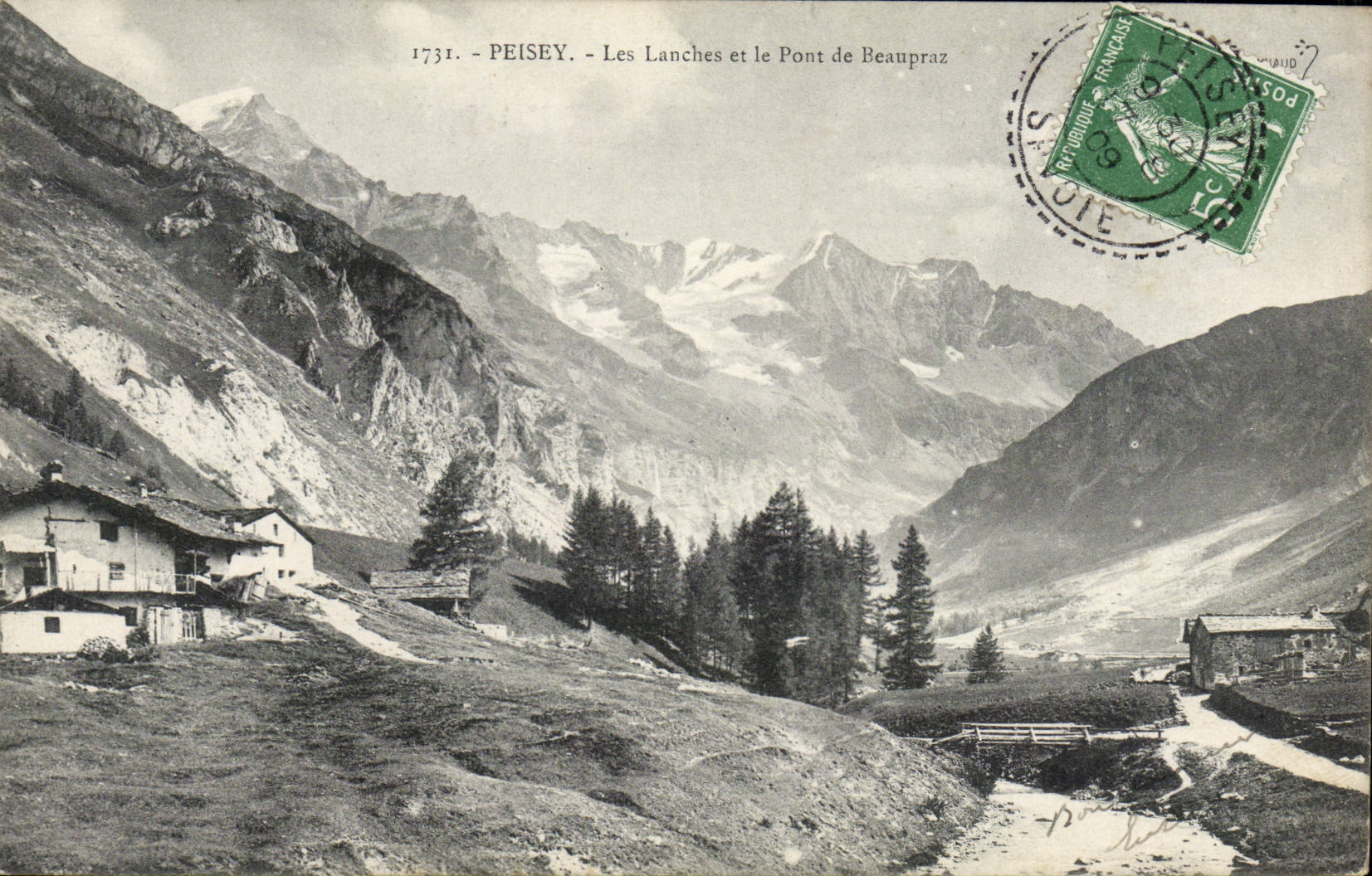 VINTAGE POSTCARD Peisey Lanches and the Bridge of Beaupraz