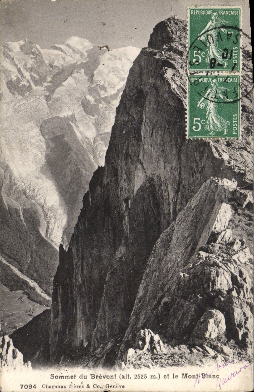 Cumbre de la POSTAL de la VENDIMIA de Brevent y de Mont Blanc