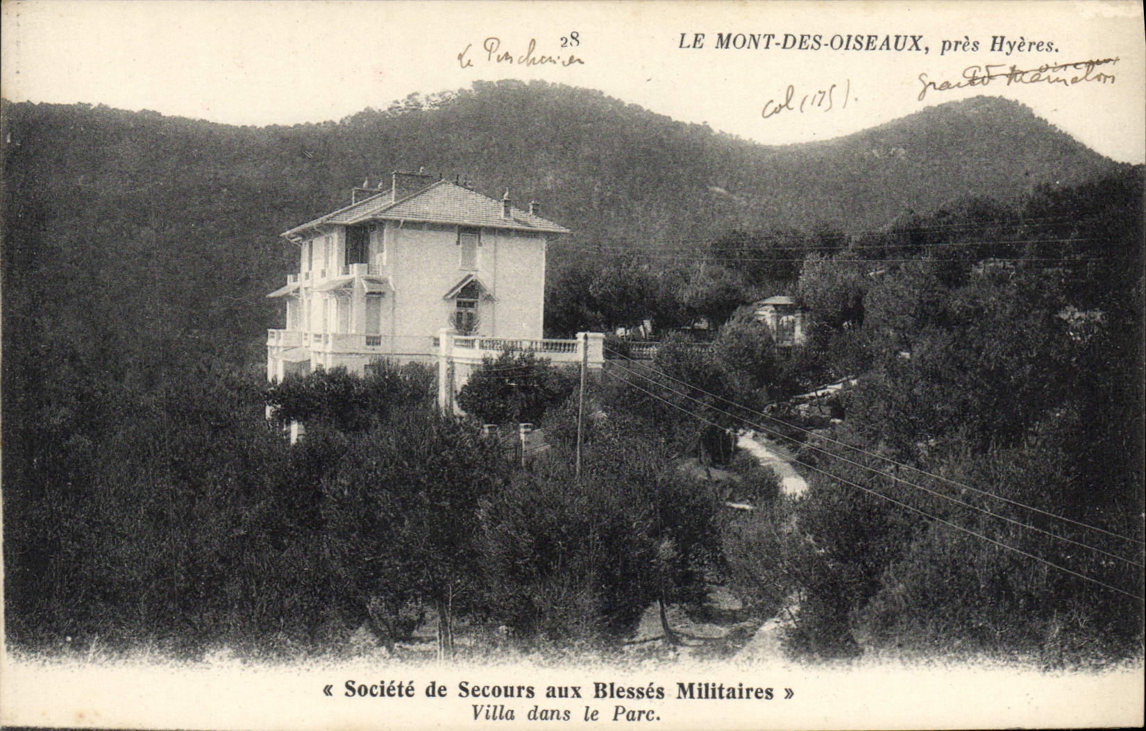 La POSTAL de la VENDIMIA el montaje de los pájaros cierra Hyeres Societe de la ayuda con el chalet militar de la herida en el parque