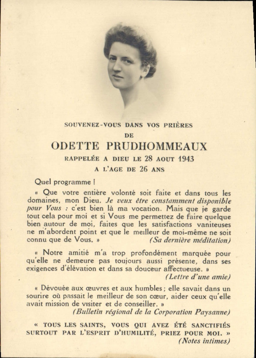Image pieuse Odette Prudhommeaux 1943