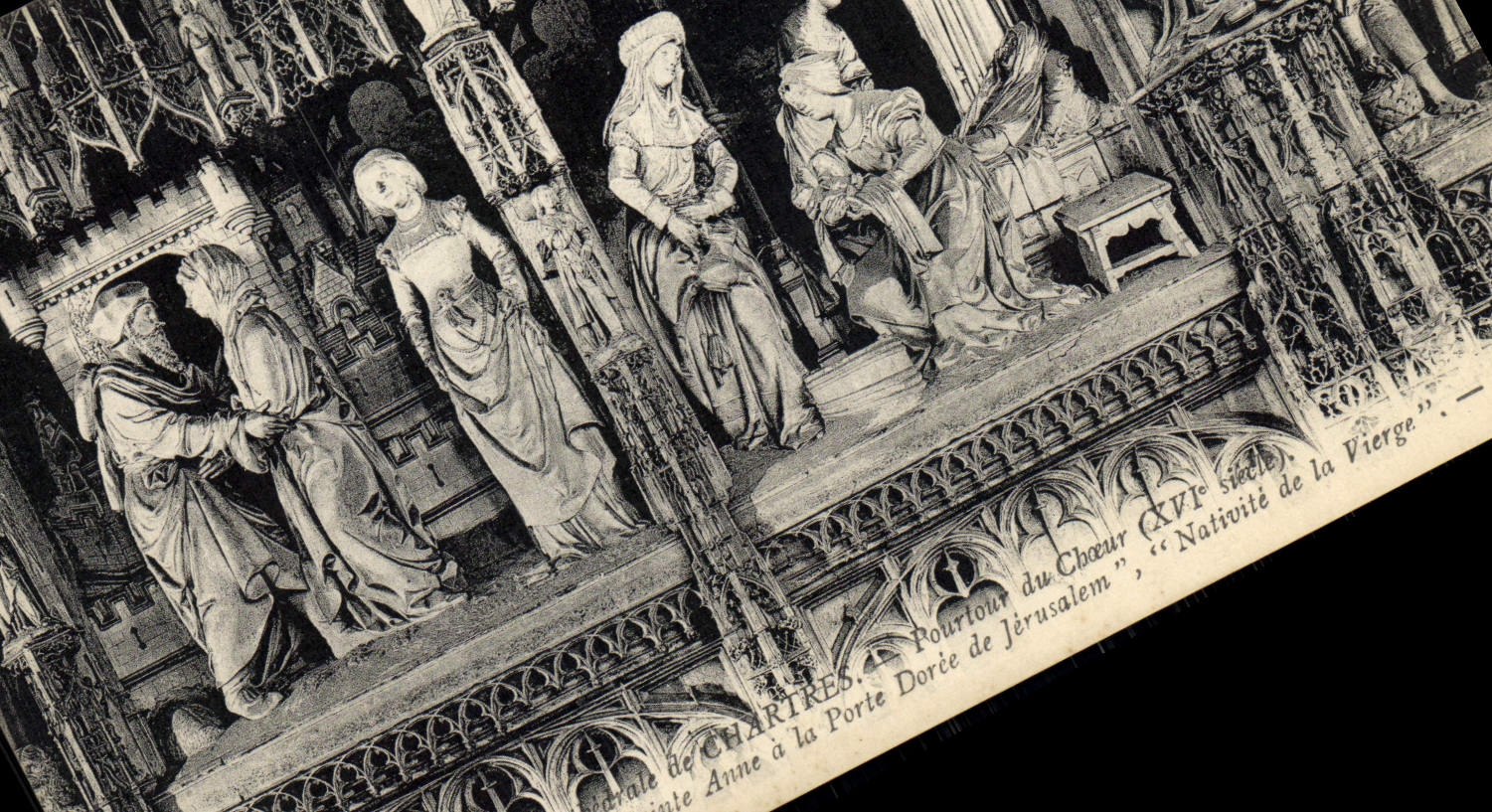 La POSTAL Cathedrale de la VENDIMIA de Chartres Pourtour del estribillo se encuentra Saint de Joaquín y Sainte de Anne en la puerta dorado de Jerusalén