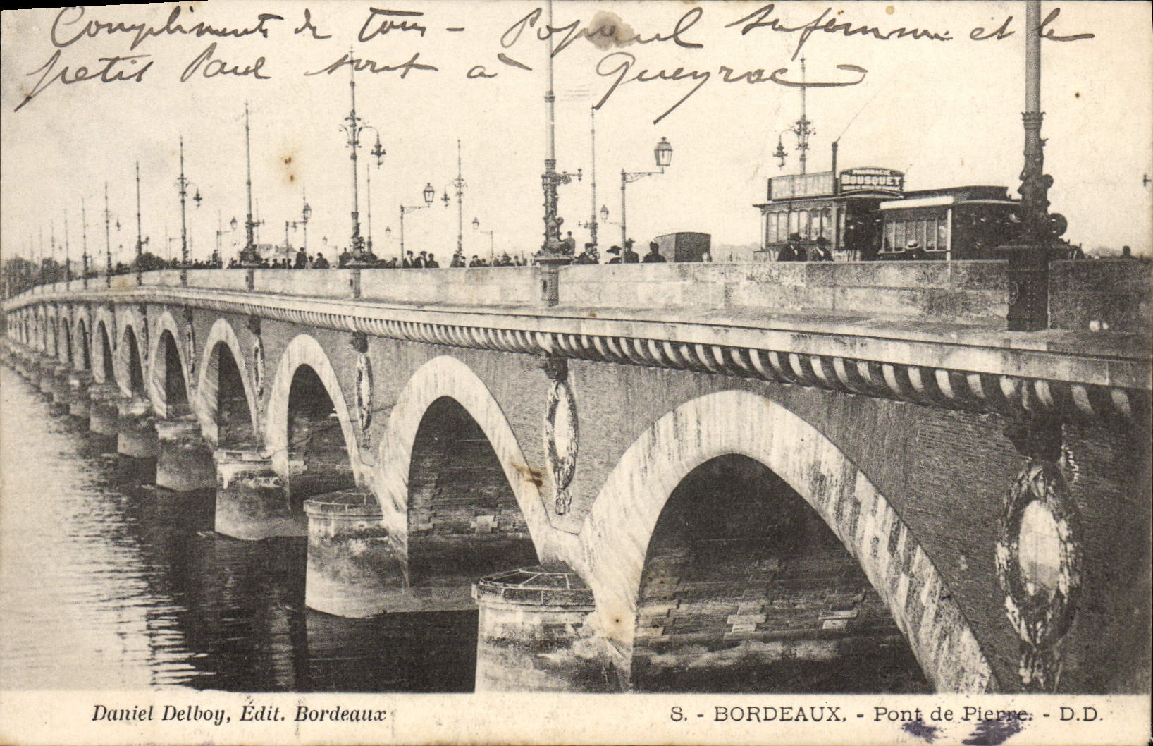 Puente de Burdeos de la POSTAL de la VENDIMIA de la tranvía de Pedro