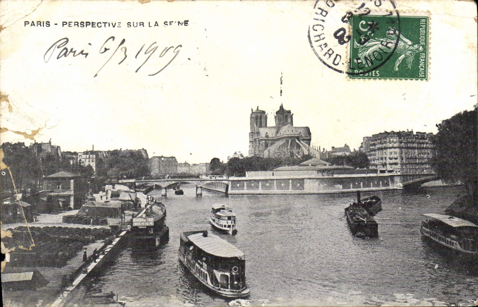 CPA Paris Perspective Sur la Seine Bateau Peniche 