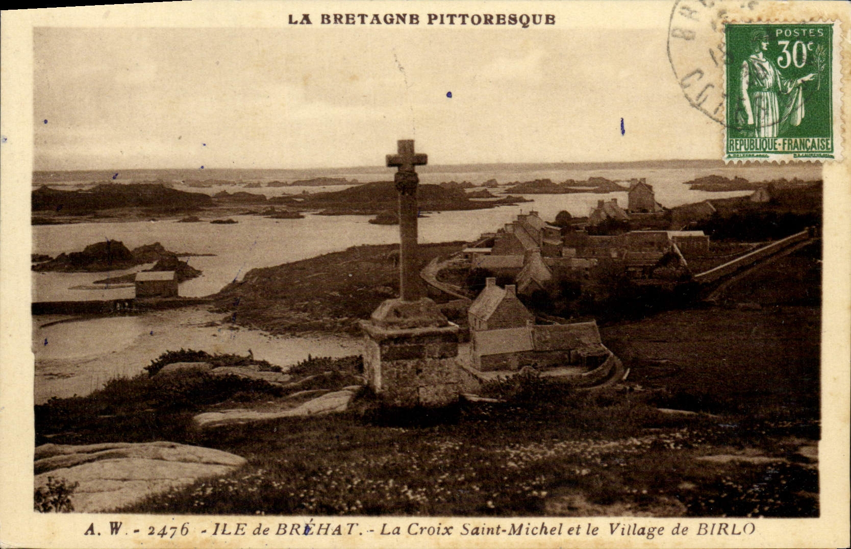 VINTAGE POSTCARD Island of Brehat the Cross Saint Michel and the Village of Birlo