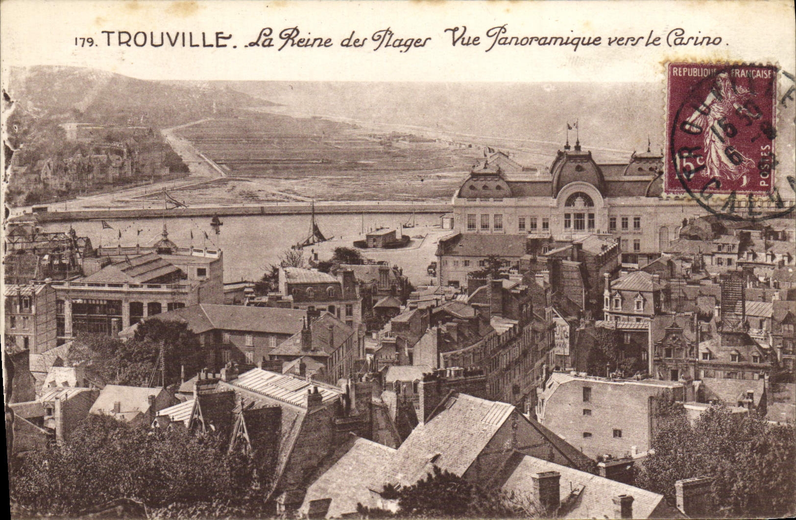 POSTAL Trouville de la VENDIMIA la reina de la opinión panorámica de la playa hacia el casino