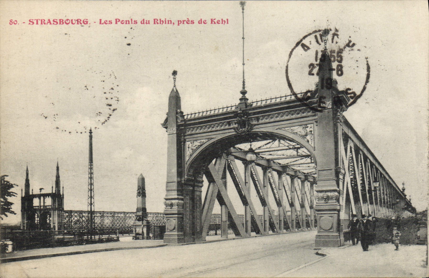 Puentes de Estrasburgo de la POSTAL de la VENDIMIA del Rin cerca de Kehl