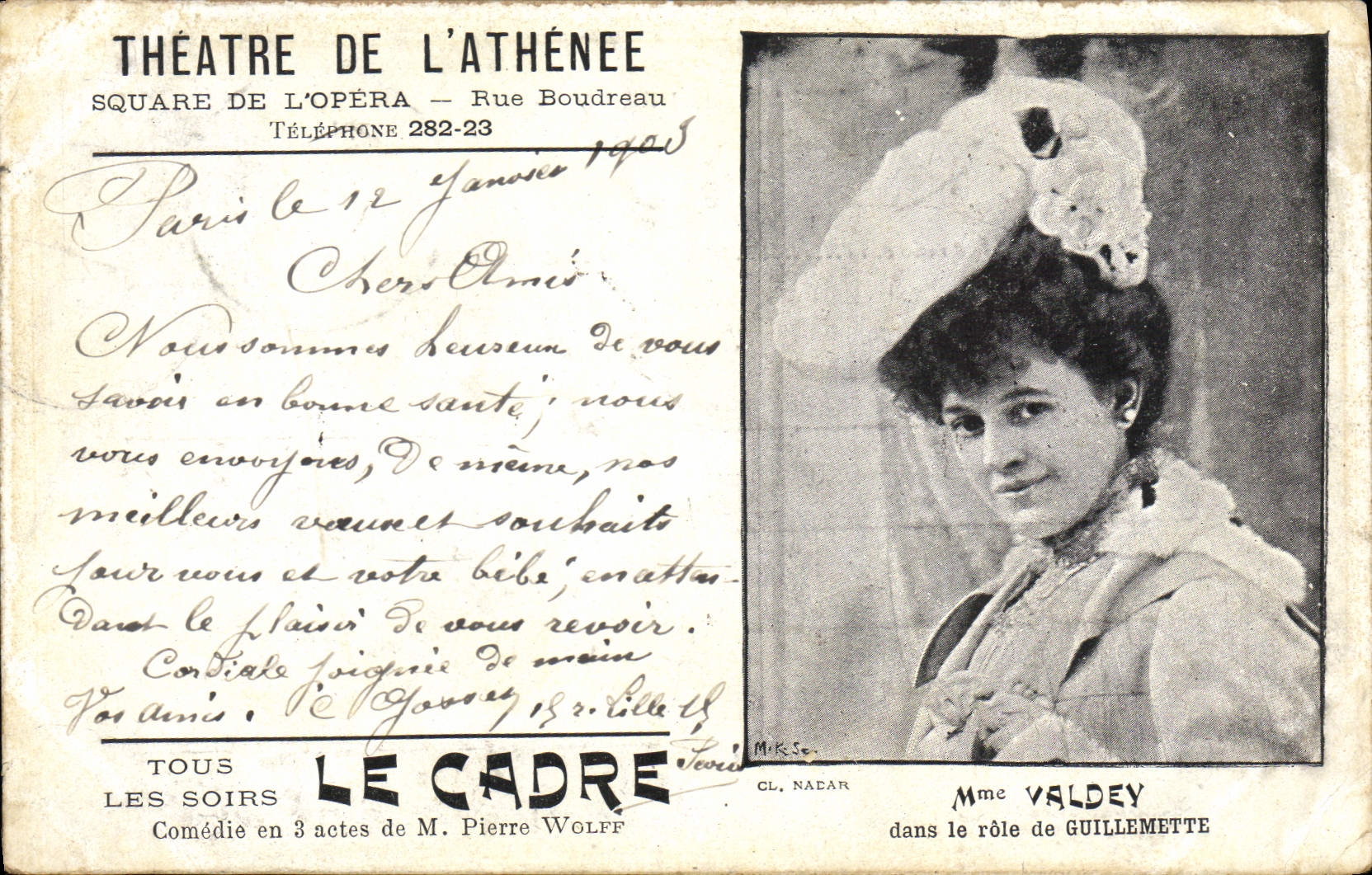 VINTAGE POSTCARD Theater of the Athenaeum Public garden of the Opera Street Boudreau Mrs. Valdey Guillemette