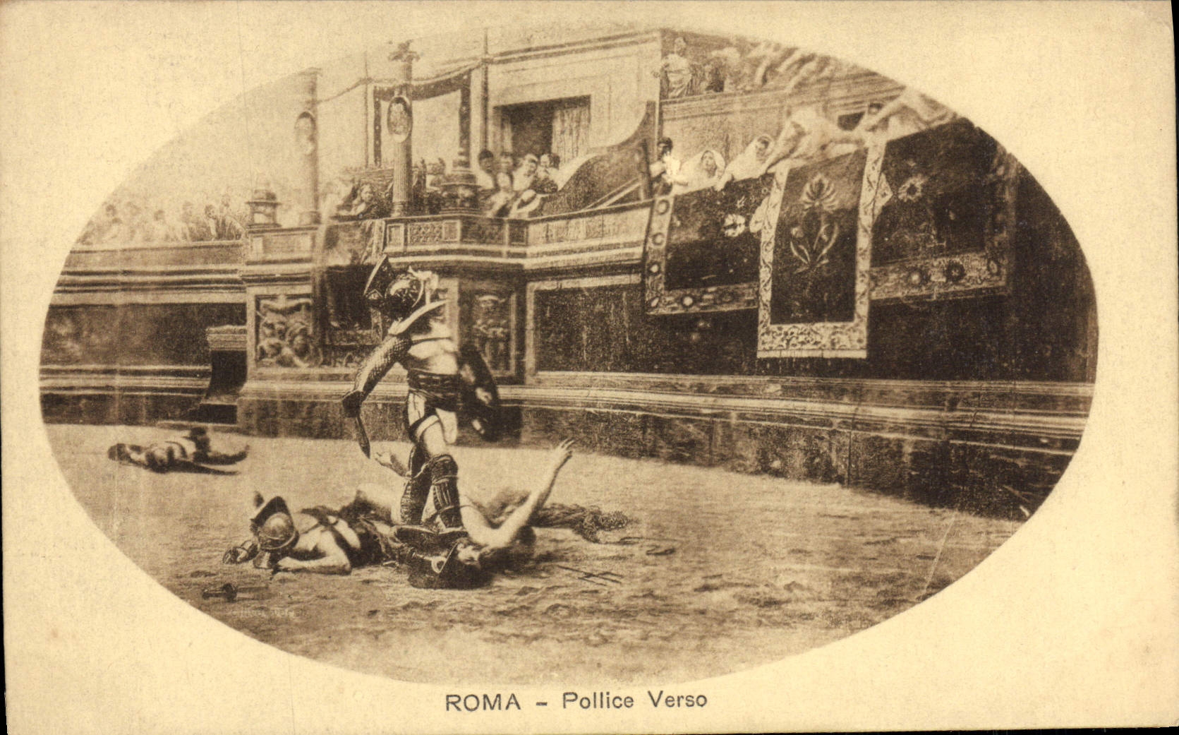 La POSTAL Roma de la VENDIMIA organiza detrás a gladiador