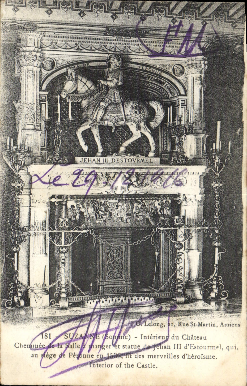 CPA Suzanne Interieur Du Chateau cheminee de la salle a manger et statue de Jehan III d'Estournel