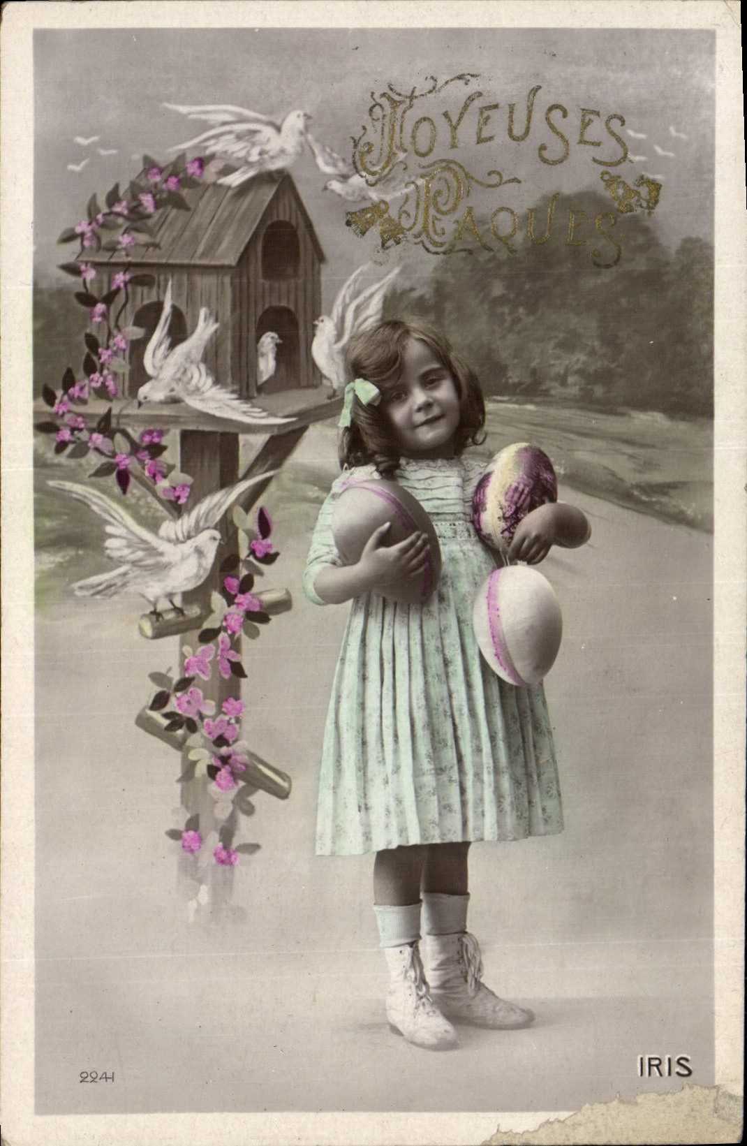 VINTAGE POSTCARD Fantasy Children Eggs Easter Doves