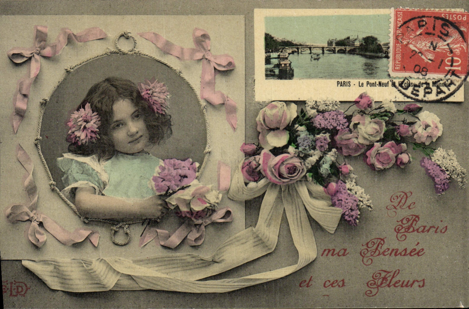 VINTAGE POSTCARD Fantasy Paris Child the new bridge (chart toilee)