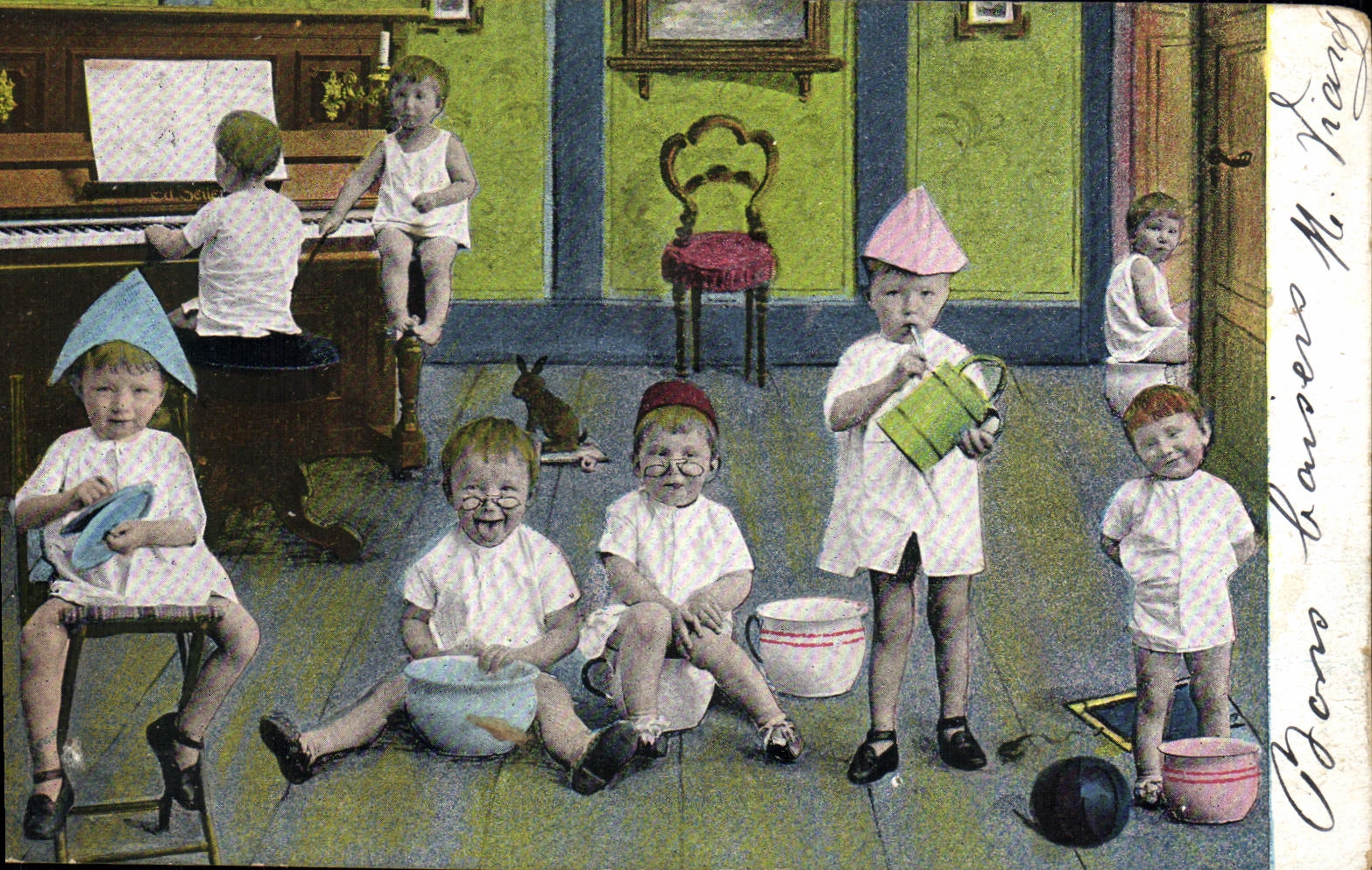 VINTAGE POSTCARD Fantasy Children Piano Rabbit