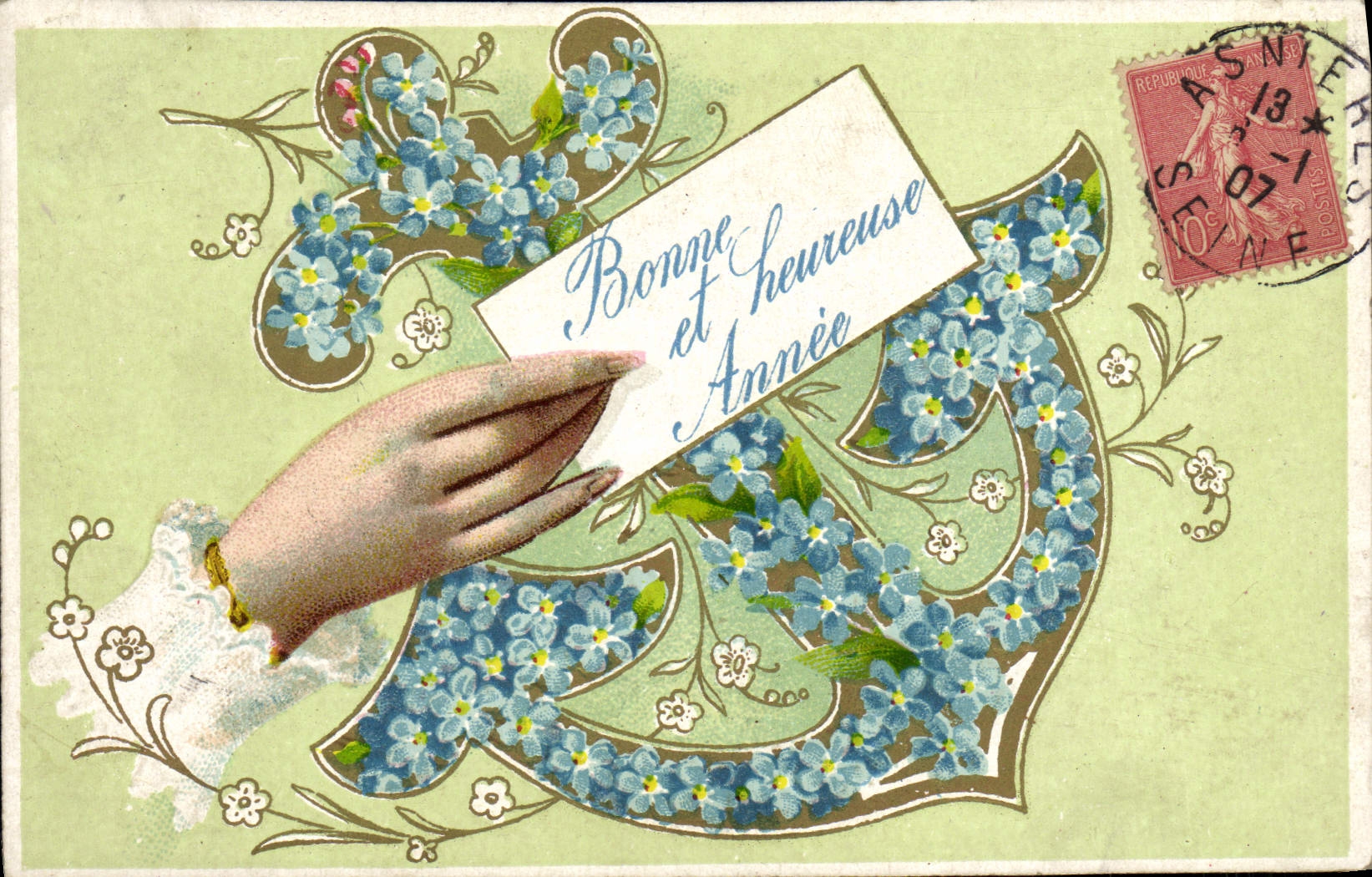 VINTAGE POSTCARD Fantaisie Flowers Anchors of navy