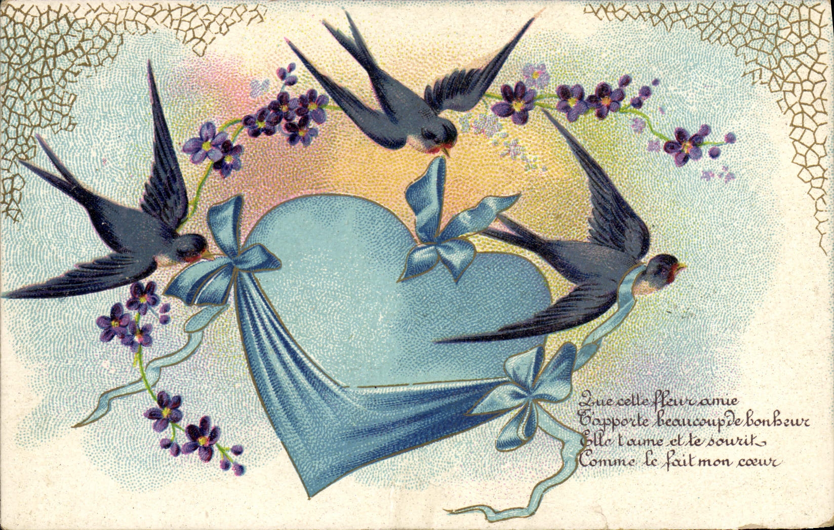 CPA Fantaisie Coeur Hirondelles