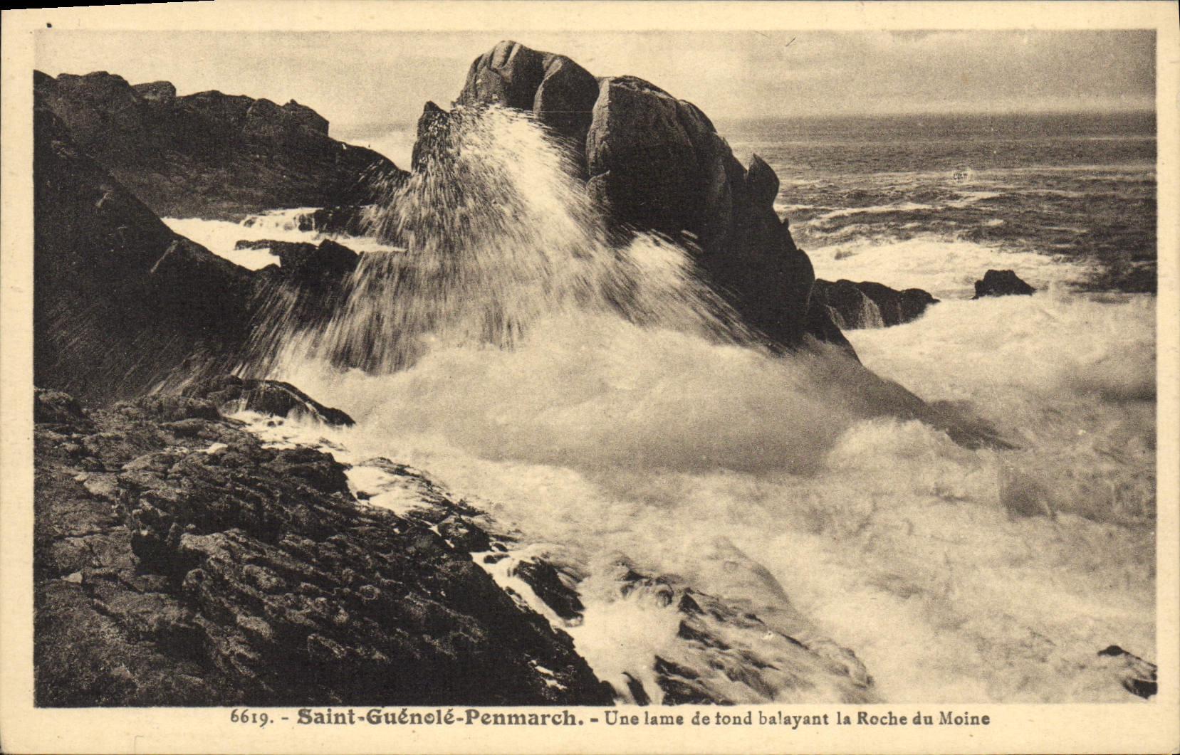 VINTAGE POSTCARD Holy Guenole Penmarch a Ground swell Sweeping the Rock Of the Monk