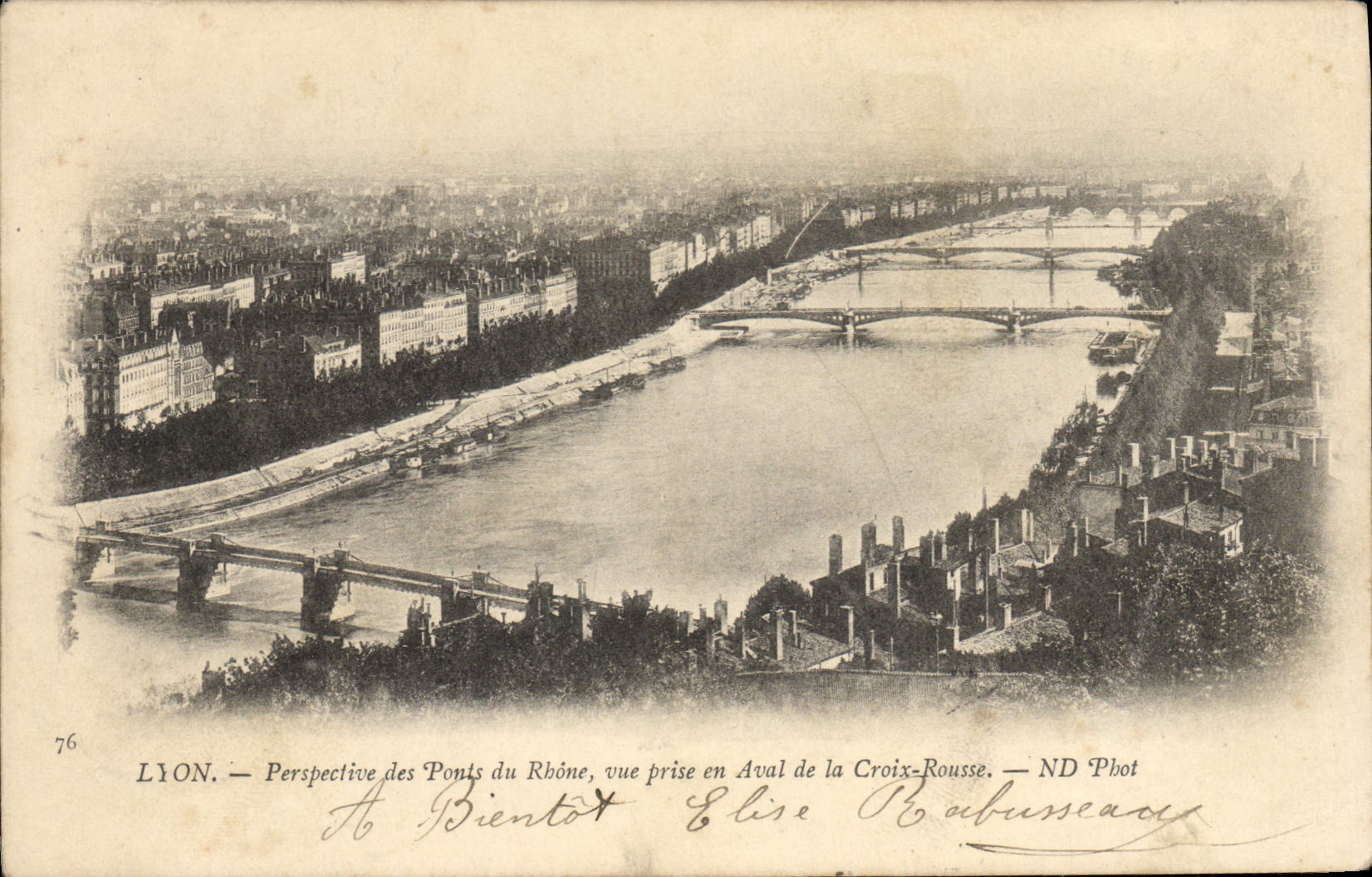 Opinión de Lyon de la POSTAL de la VENDIMIA de los puentes del Rhone vista rio abajo de la cruz Russet-red