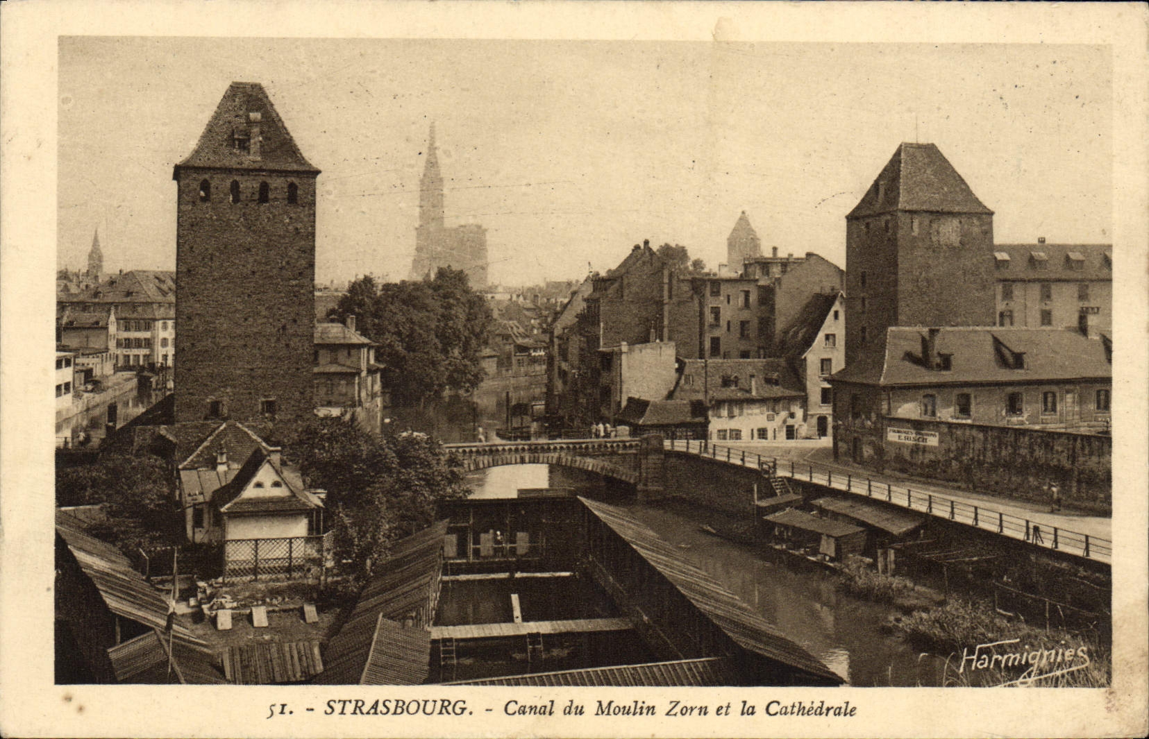 Canal de Estrasburgo de la POSTAL de la VENDIMIA del molino de Zorn y de la catedral