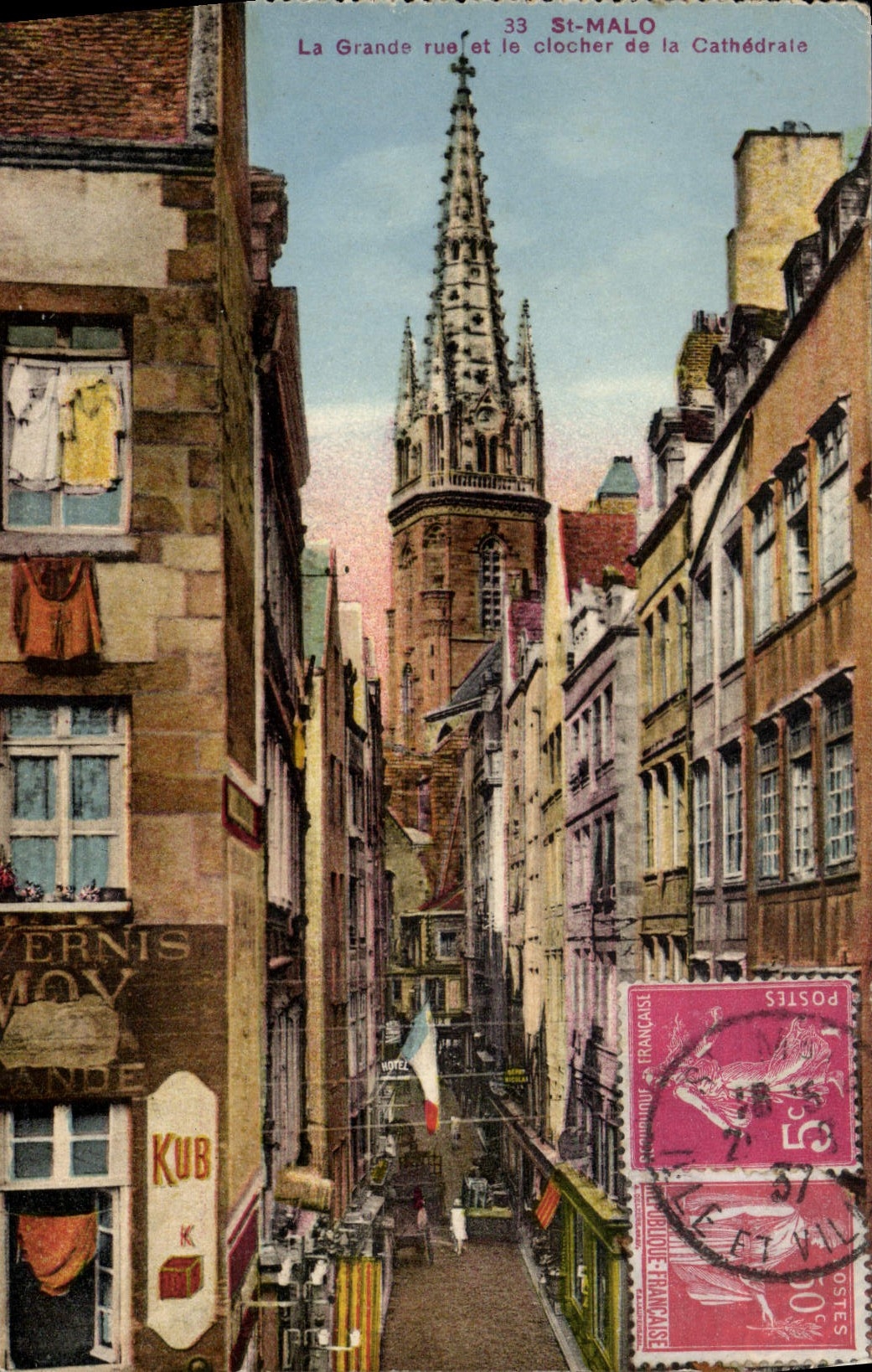 CPA St Malo La Grande Rue Et Le Clocher De La Cathedrale