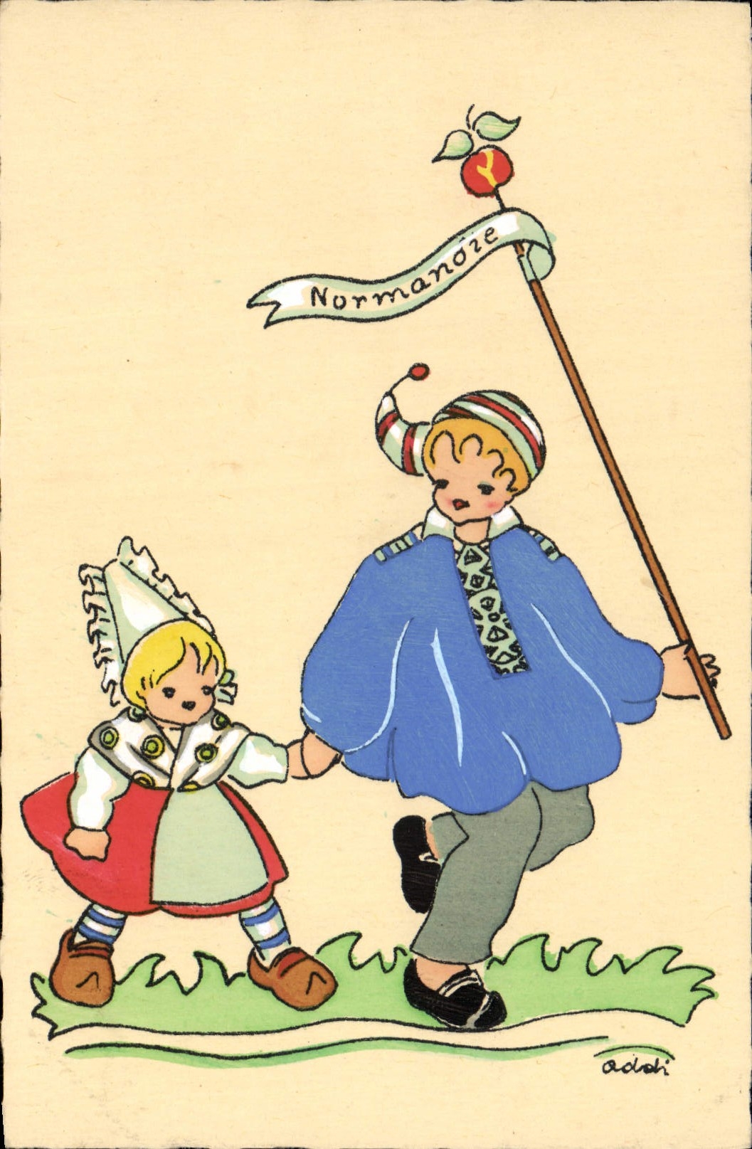 Folklore de Normandía del humor de los niños de la POSTAL de la VENDIMIA