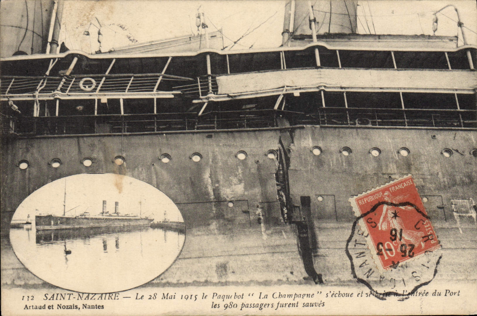 VINTAGE POSTCARD Saint Nazaire on May 28th, 1915 the Steamer the Champagne is failed
