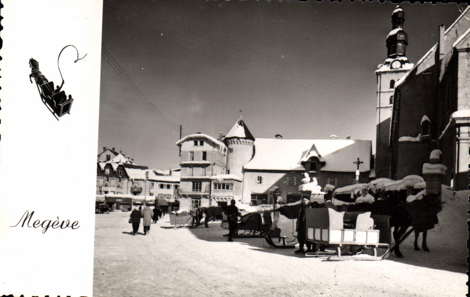 MODERN CARD Megeve the place of the church and sledges