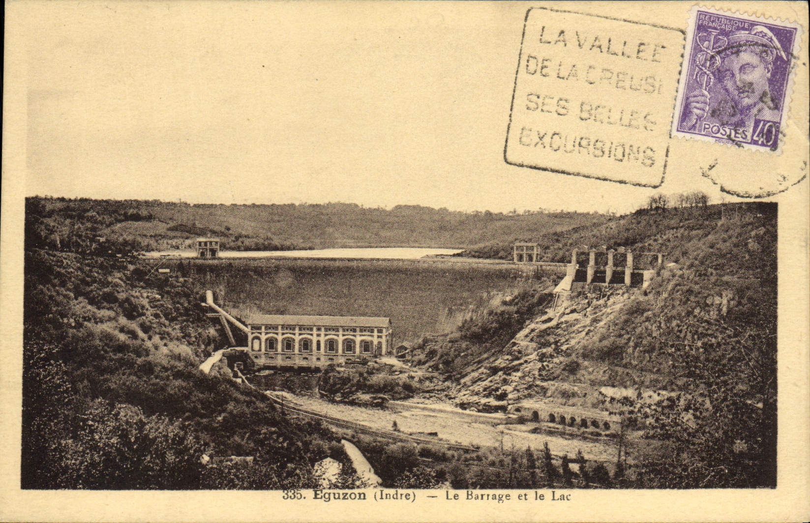 POSTAL Eguzon Bartage de la VENDIMIA y el lago
