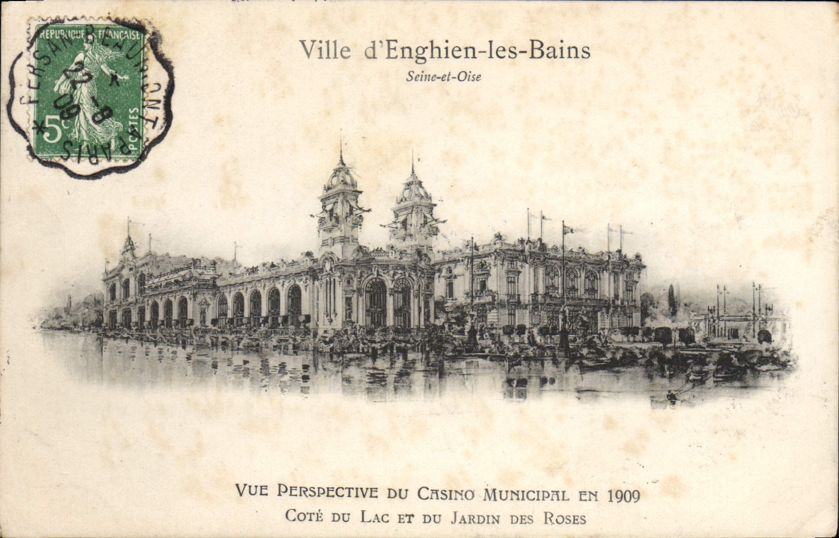 VINTAGE POSTCARD City D' Enghien Les Bains the Seine And Oise Vue perspective of the casino in 1909 Dimensions lake and garden of the pinks