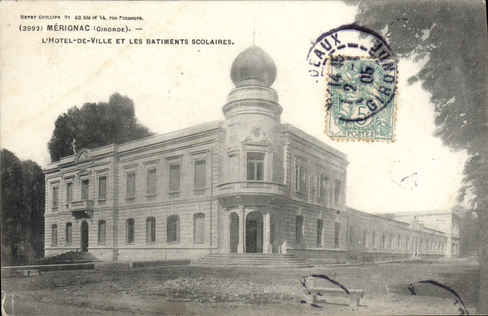VINTAGE POSTCARD Merignac the Town hall And Building industries School