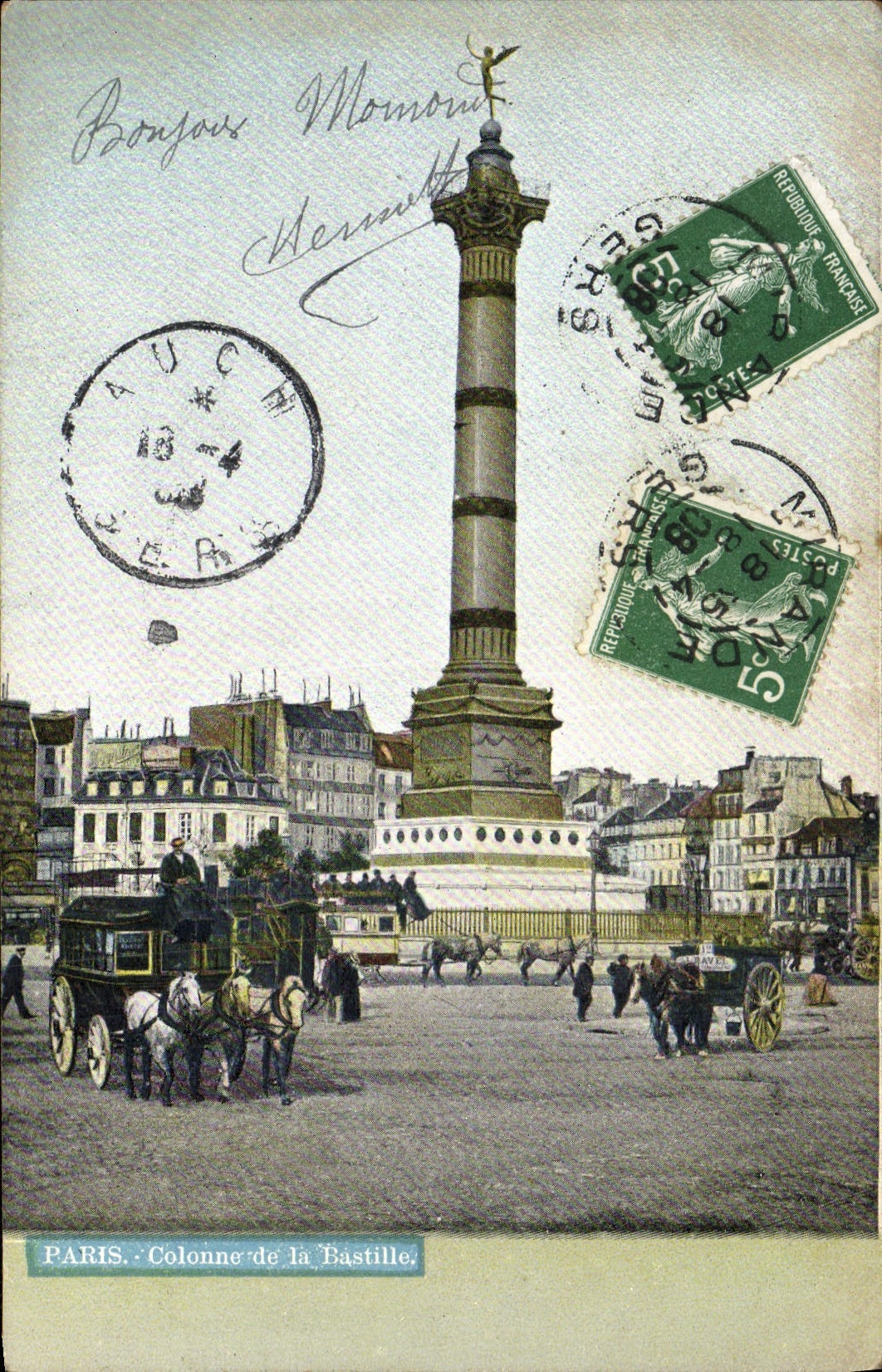 VINTAGE POSTCARD Paris Column Of the Bastille Barouche Horses