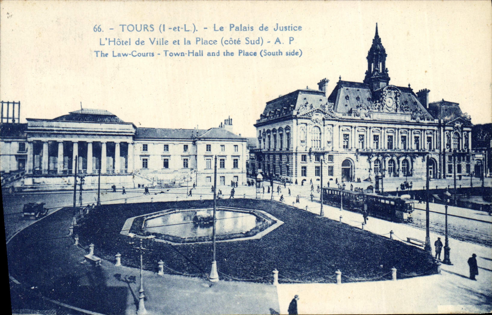 VINTAGE POSTCARD Tours Law courts the town hall and the place Tram