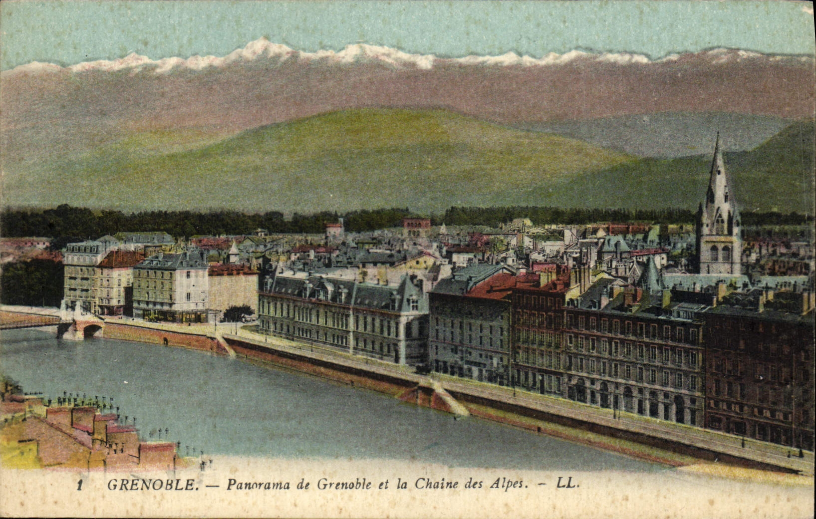 Panorama de Grenoble de la POSTAL de la VENDIMIA de Grenoble y de la gama alpestre