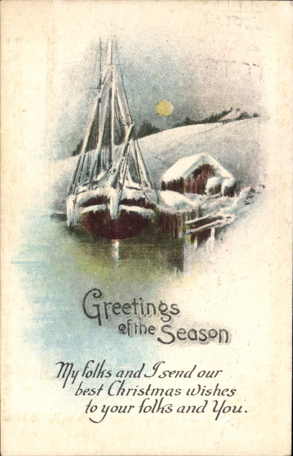 VINTAGE POSTCARD Greetings Off The Season Boat
