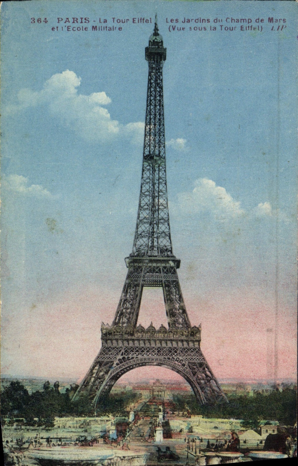 VINTAGE POSTCARD Paris the Eiffel Tower gardens of the Champ de Mars