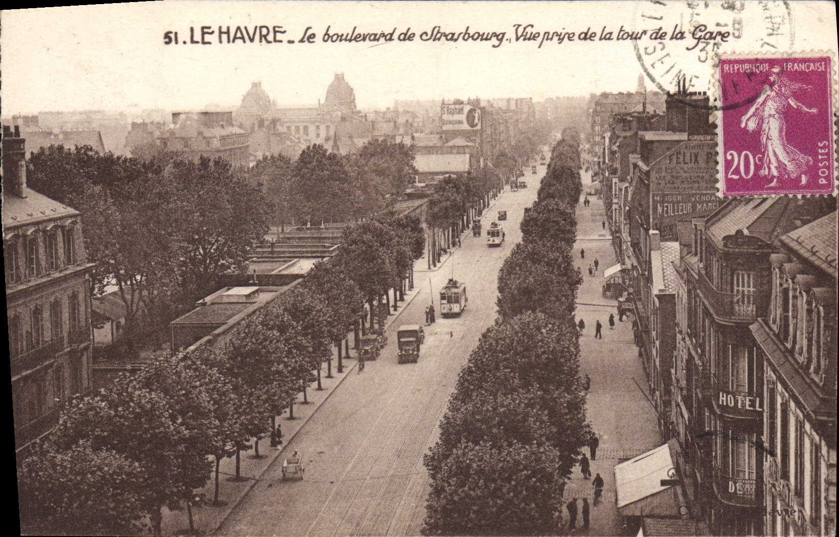 POSTAL Le Havre de la VENDIMIA el bulevar de Estrasburgo vista de la torre de la estación