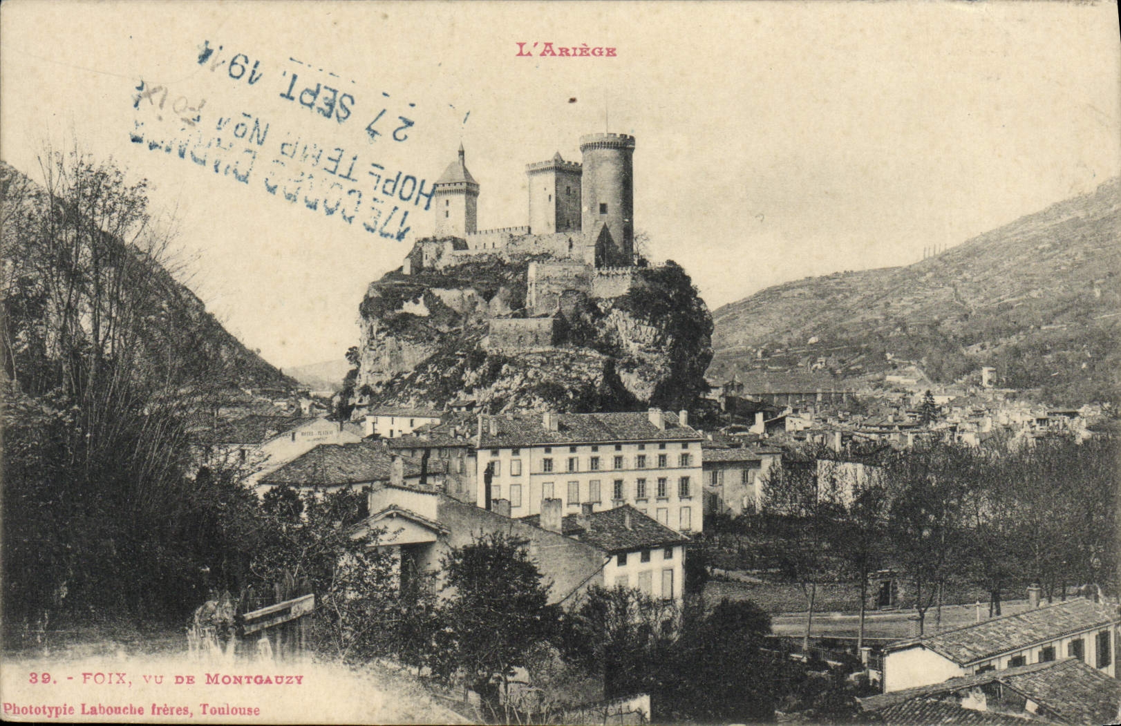 Hospital temporal del cuerpo del ejército de Foix Seen De Montgaury Seal de la POSTAL de la VENDIMIA 17mo (raro)