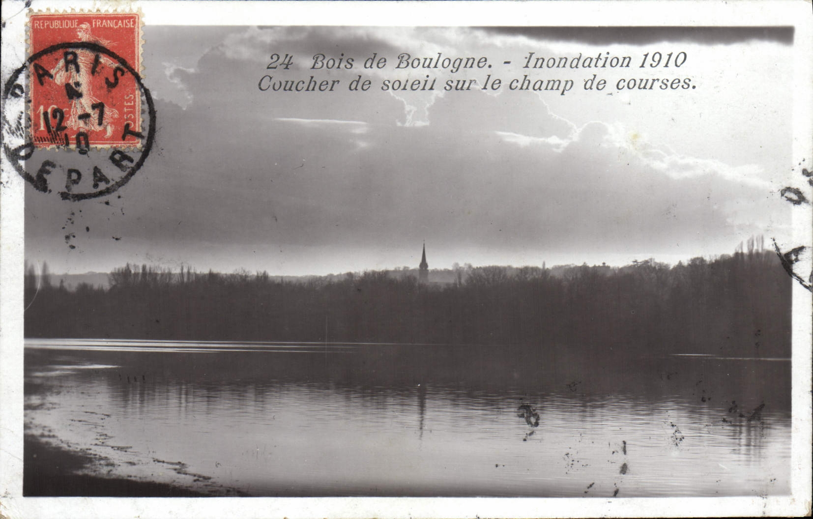 VINTAGE POSTCARD Bois de Boulogne Flood 1910 Sunset on the racecourse
