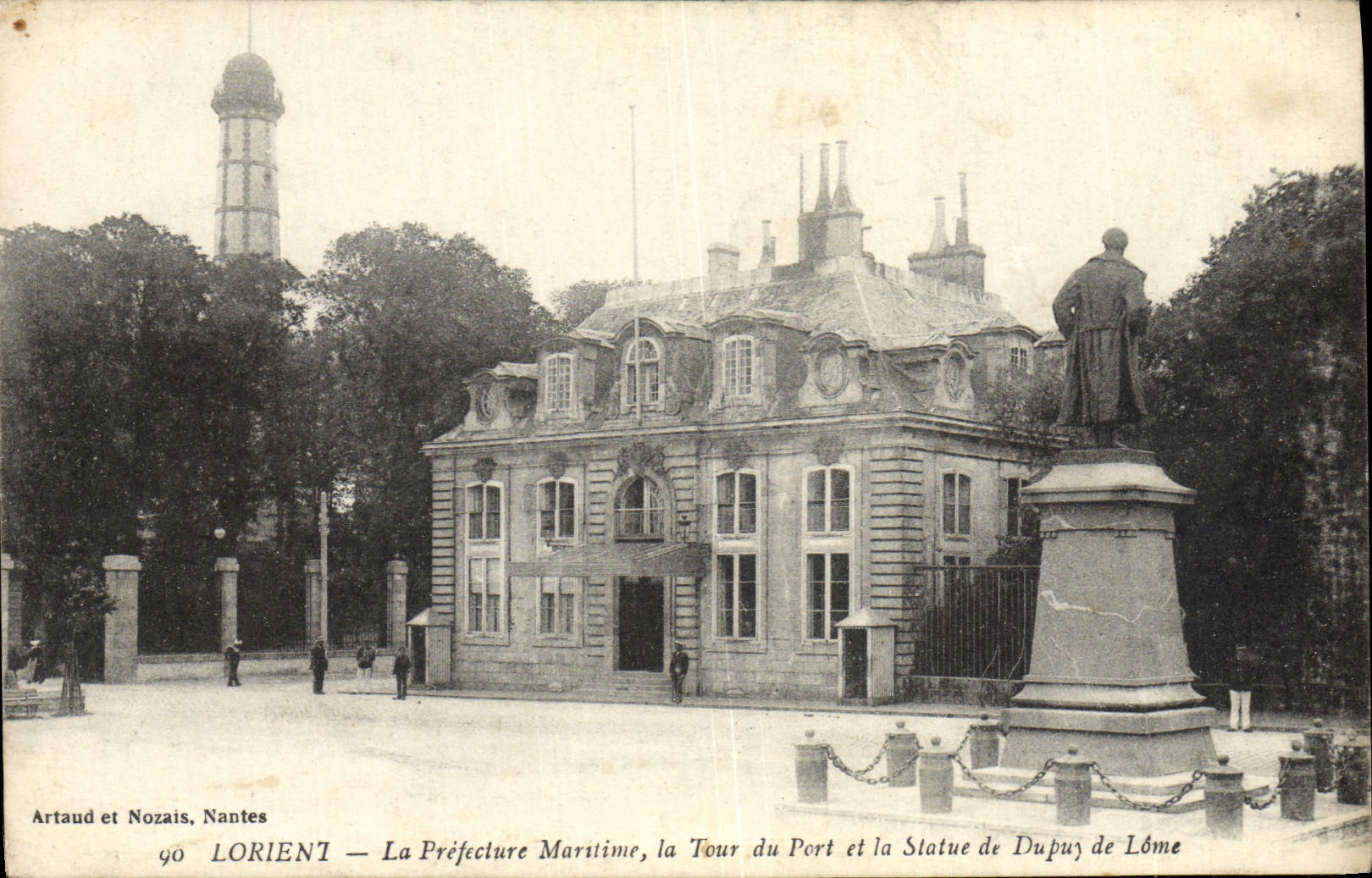 POSTAL Lorient Prefcture Martime de la VENDIMIA la torre del puerto y la estatua de Dupuy de Lome