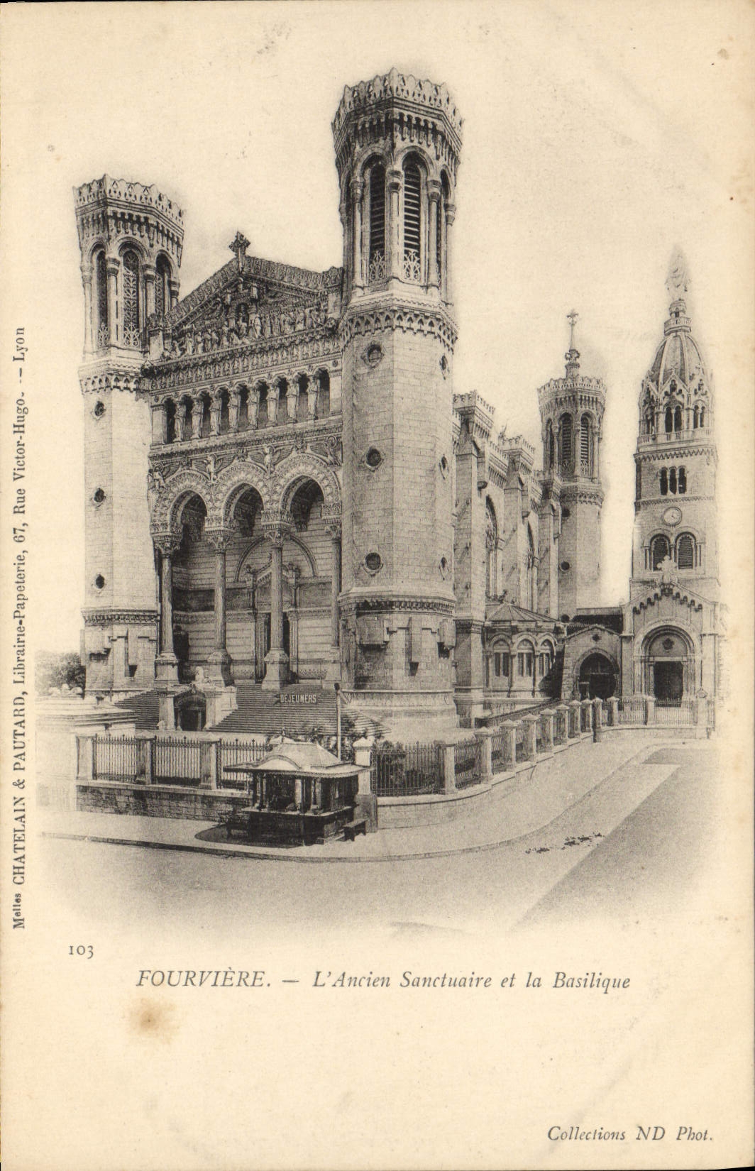 POSTAL Lyon Fourviere de la VENDIMIA el santuario viejo y la basílica