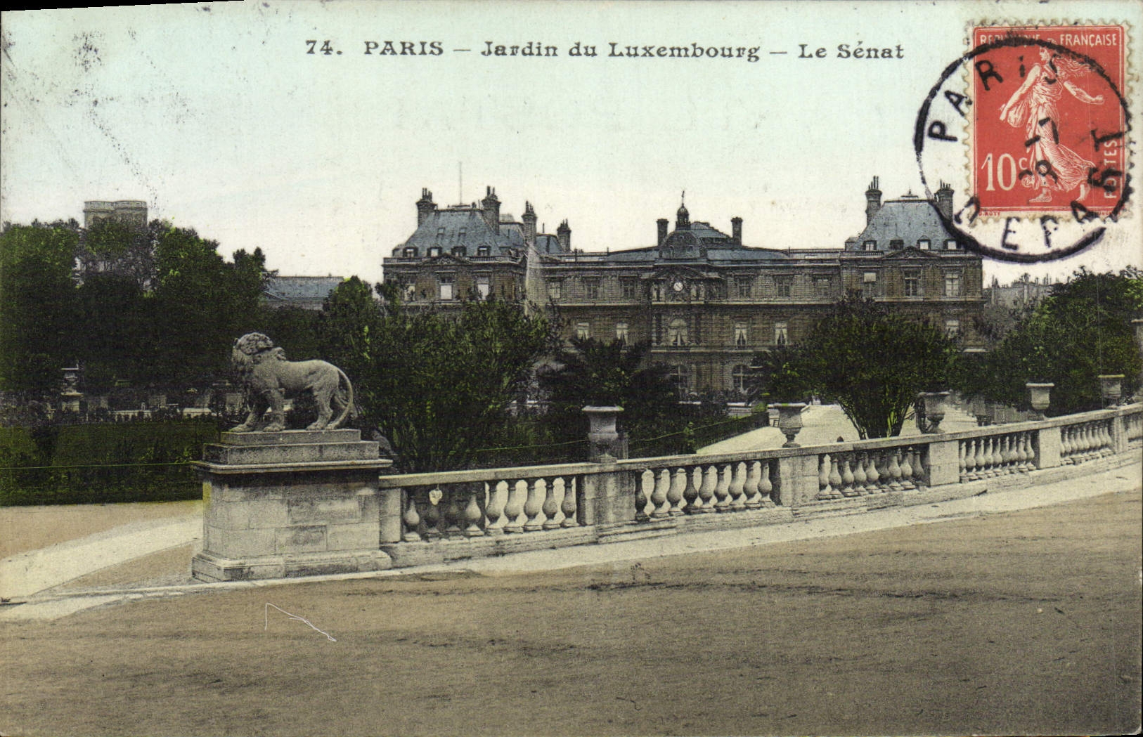 VINTAGE POSTCARD Paris Gardens Of Luxembourg the Senate Lion