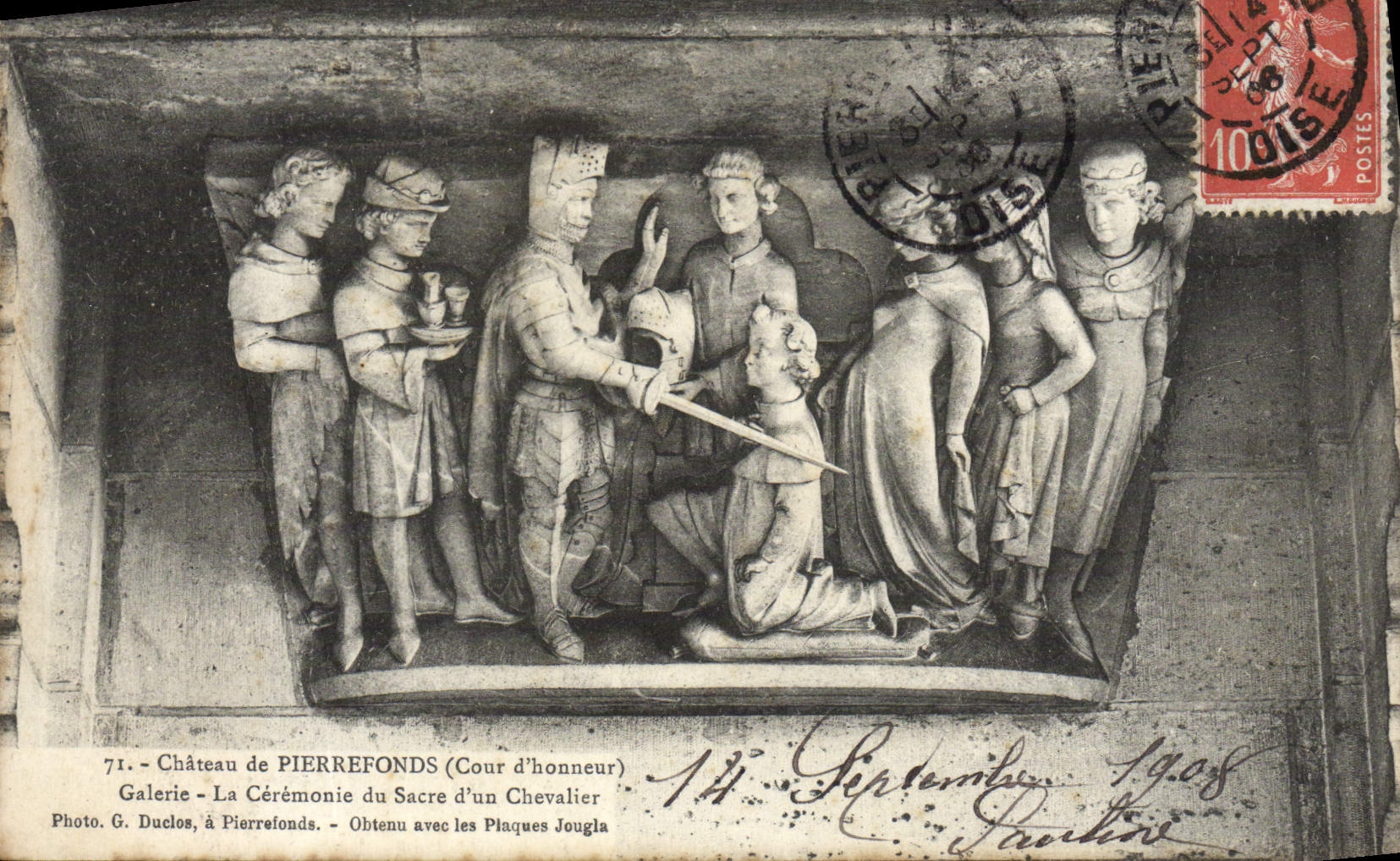 Castillo de la POSTAL de la VENDIMIA de la ceremonia principal de la galería del patio de Pierrefonds de la consagración de un caballero