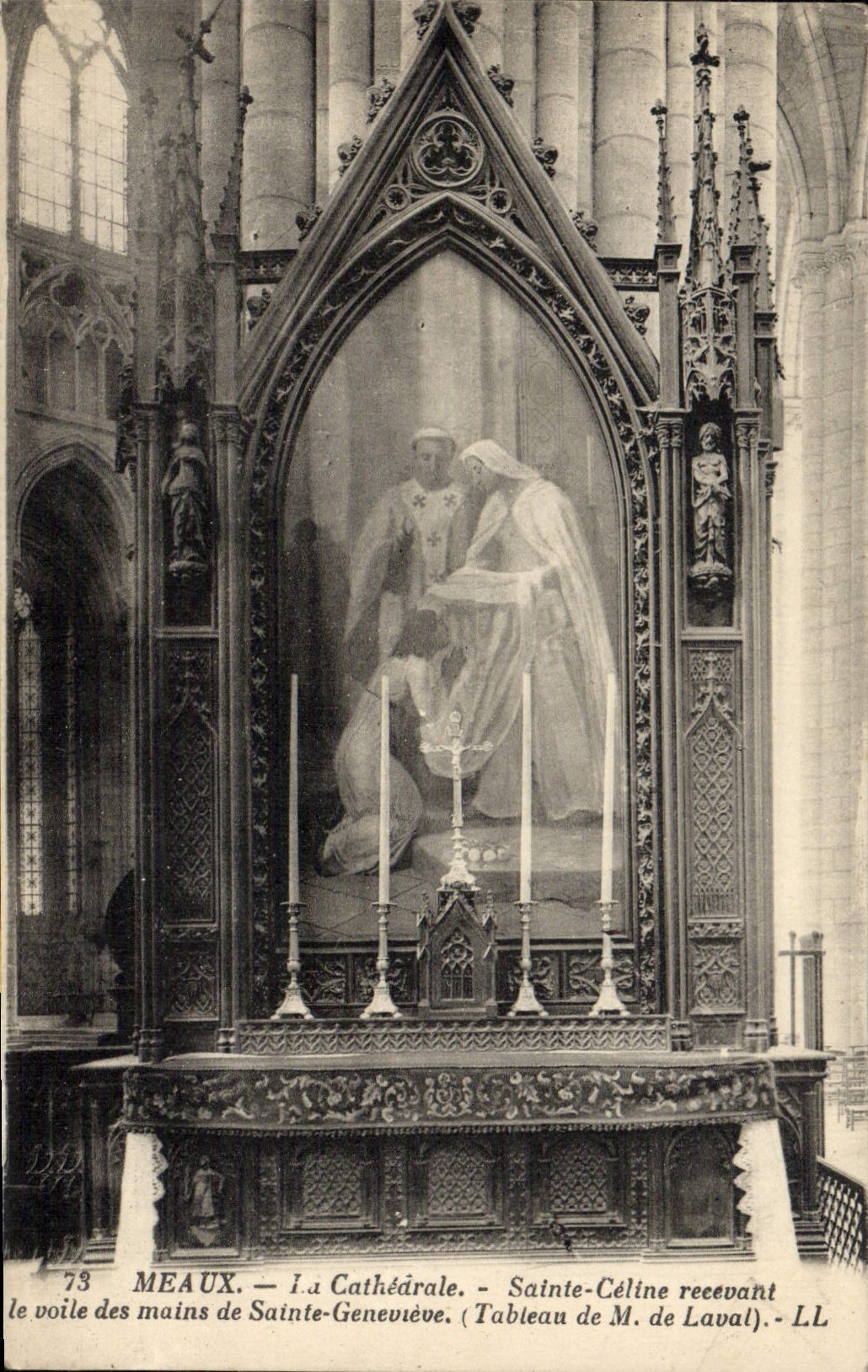 VINTAGE POSTCARD Meaux Cathearale Sainte Celine receiving the veil of the hands of Sainte Genevieve M of Laval