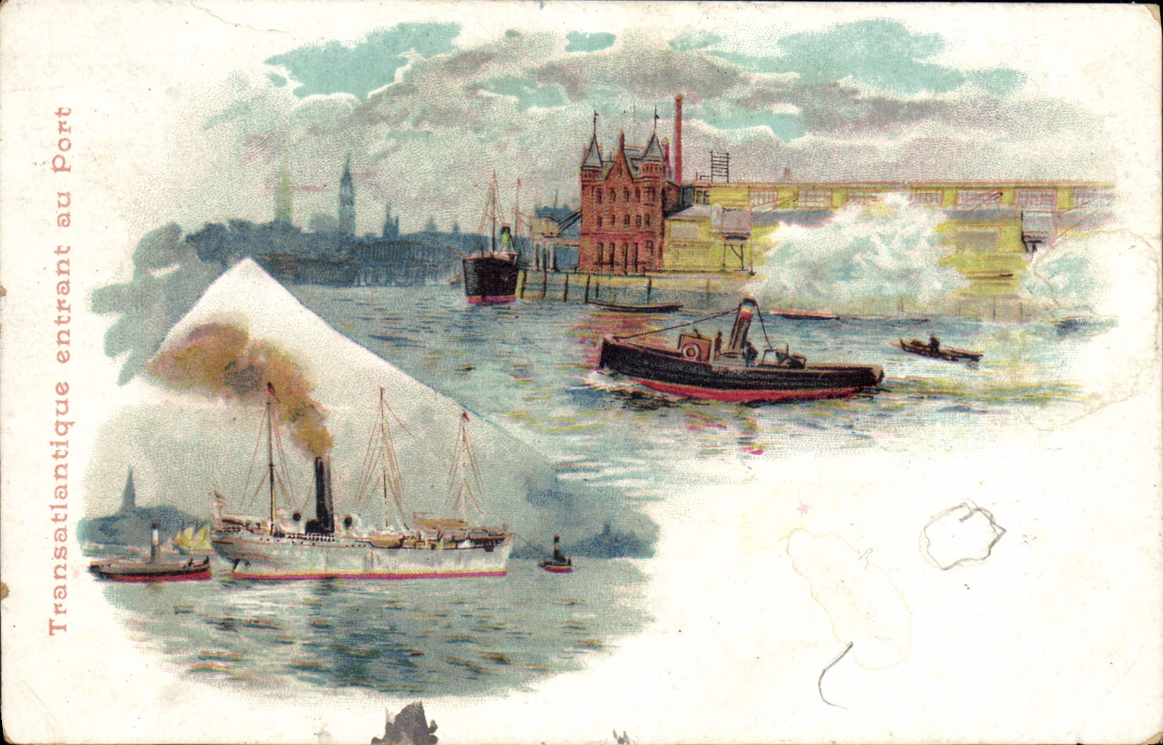 VINTAGE POSTCARD Transatlantic entering to the port Boats